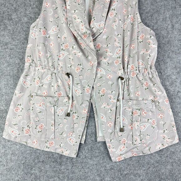 Lysse Piper Vest Womens Large Gray Floral Cotton Twill Open Cinch Waist Pockets - Picture 3 of 15